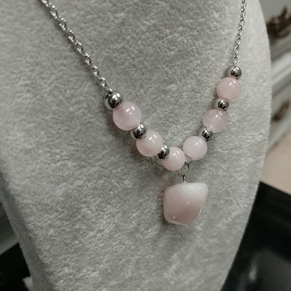 Rose Quartz Necklace Natural Gemstone Crystal Pendant Stainless-Steel Chain - Picture 9 of 16